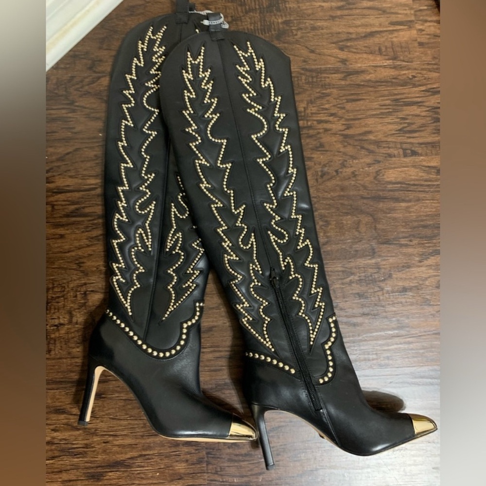 Gianni Bini Katerina Leather Studded Over Knee Western Cowgirl Dress Boots 6.0